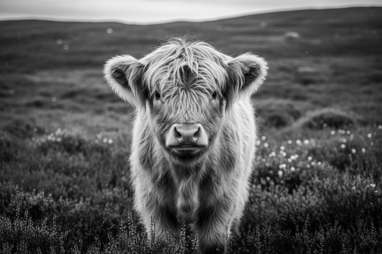 cute fluffy highland cow in black and white in scotland