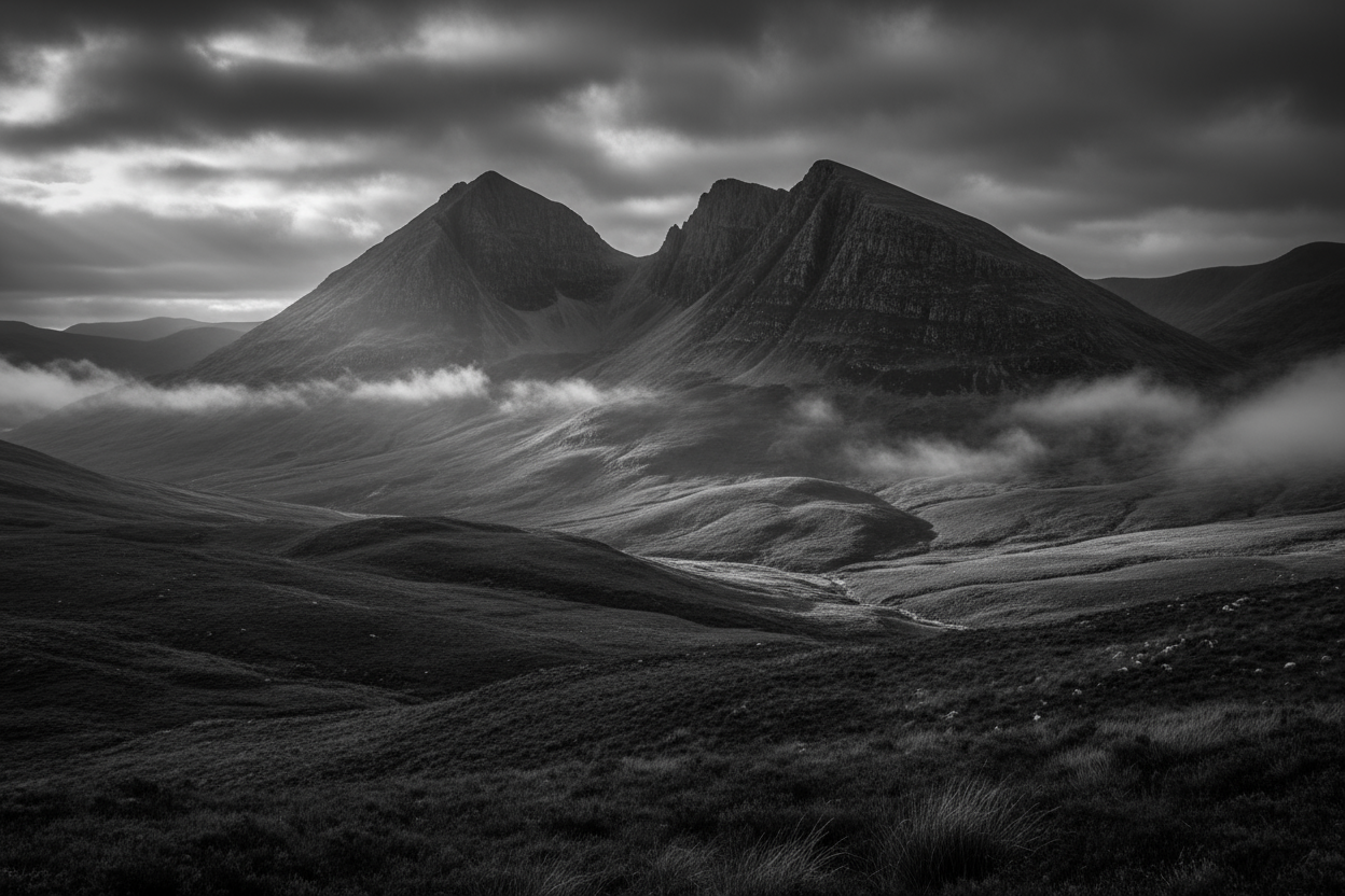 Scottish highlands in black and white